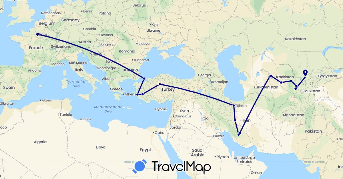 TravelMap itinerary: driving in France, Iran, Turkey, Uzbekistan (Asia, Europe)